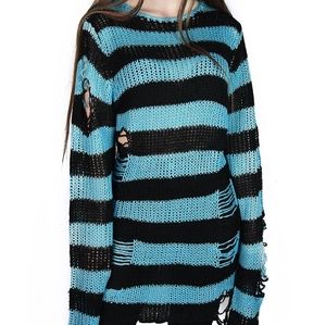 Killstar Blue and Black Striped Distressed Sweater